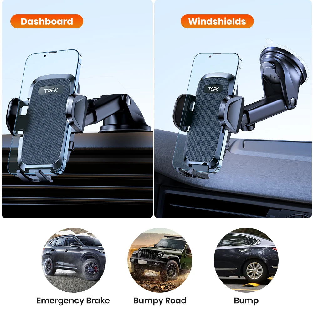 TOPK Car Phone Holder 4 in 1 Super Stable Car Phone Mount for Car Dashboard/Windscreen/Air Vent Compatible with All Mobile Phone