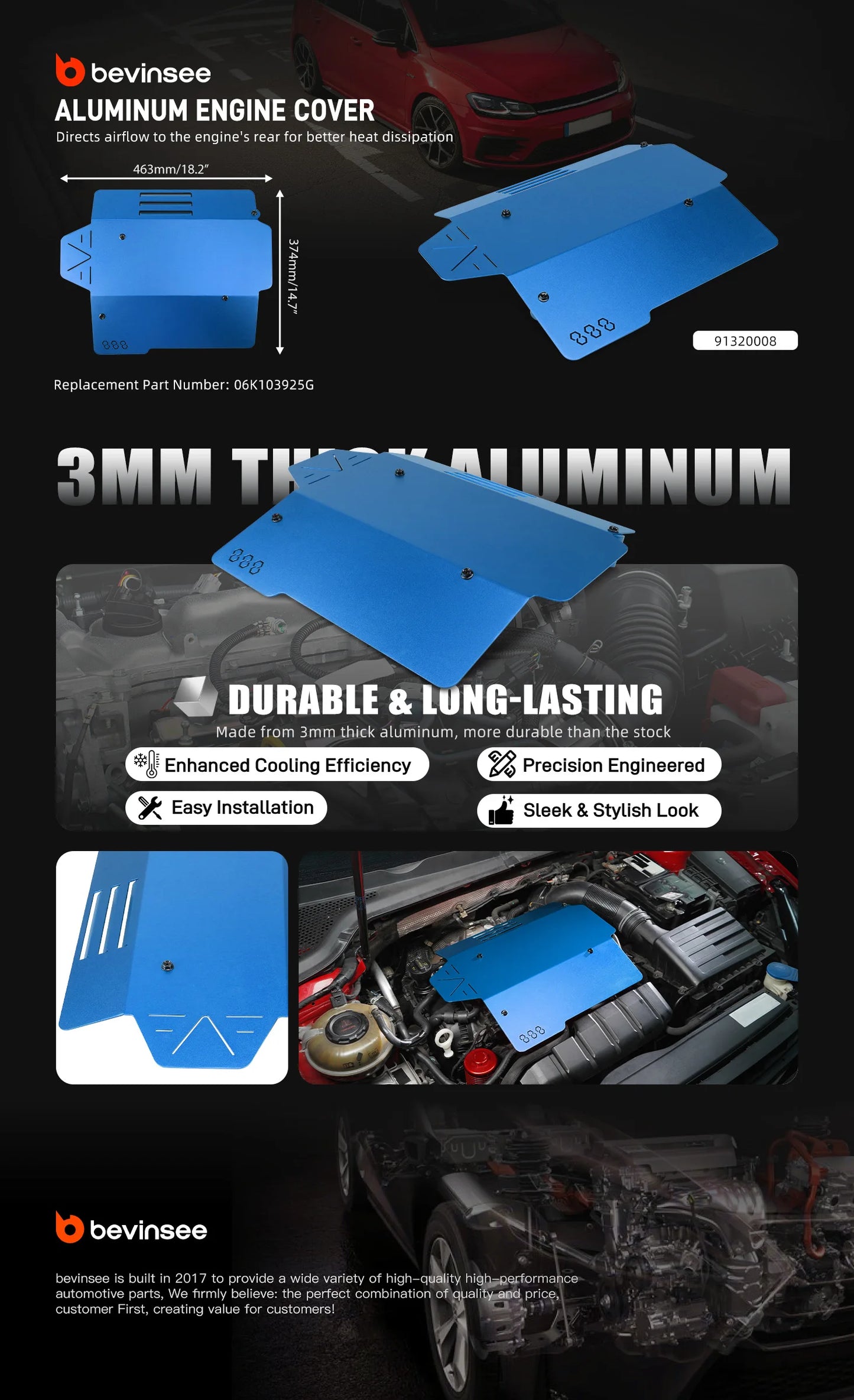 QT BEVINSEE Aluminum Engine Cover for VW Golf GTI/for Arteon/for Atlas/for Jetta GLI 2.0L,for Alltrack 1.8L, Replace for 06K103925G