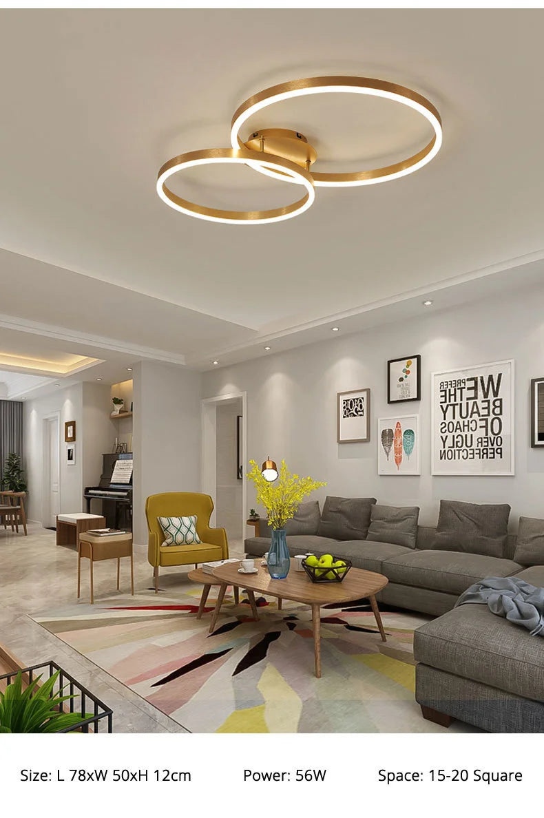 Household Gold Led Chandeliers 3 Circle Bedroom Metal Living Dining Room Lighting