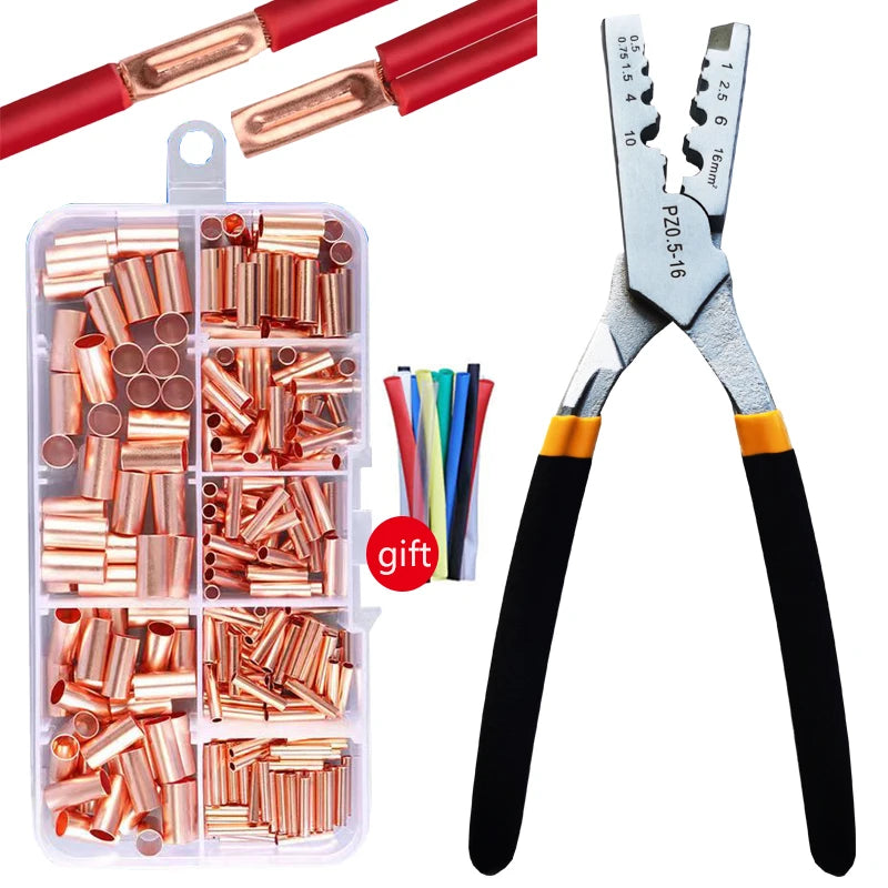 250pcs GT Copper Connecting Pipe Wire Joint Small Copper Bootlace Ferrule Kit with Crimping Pliers