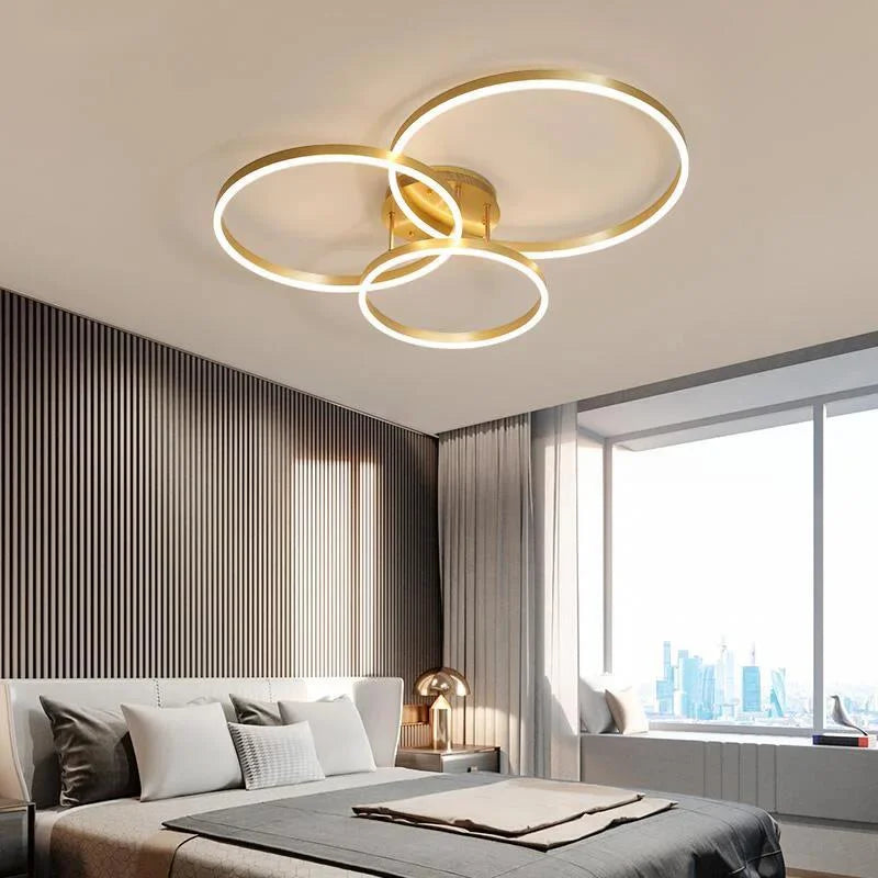 Household Gold Led Chandeliers 3 Circle Bedroom Metal Living Dining Room Lighting