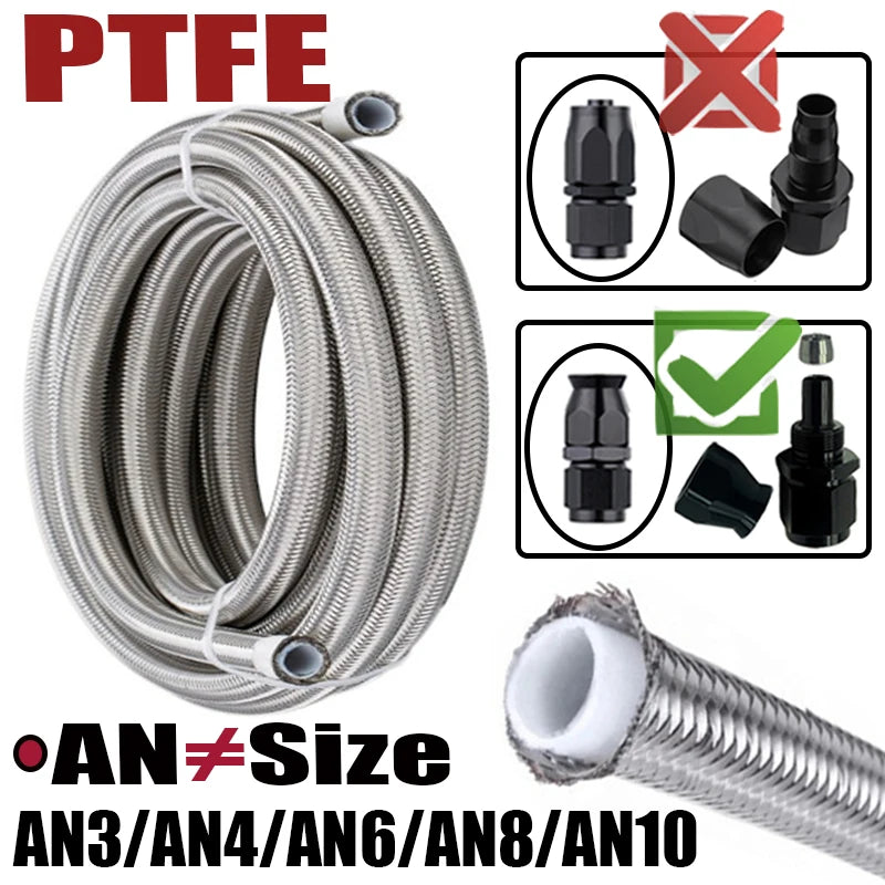 Engine Pipe Brake Tube 304 Stainless Steel Braided 1-6M(3.2-19.6FT) 3AN 4AN 6AN 8AN 10AN E85 PTFE Fuel Hose Oil Gas Cooler Line