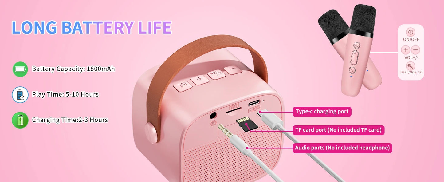 Mini Karaoke Machine Portable Bluetooth 5.3 PA Speaker with 2 Wireless Microphones for Home Family Singing Gift K12