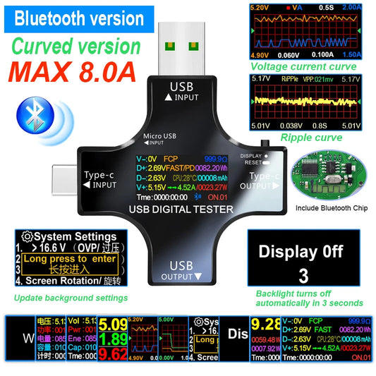 ‌USB Tester Type-C PD Digital Capacity Meter 8A Voltage Current Monitor