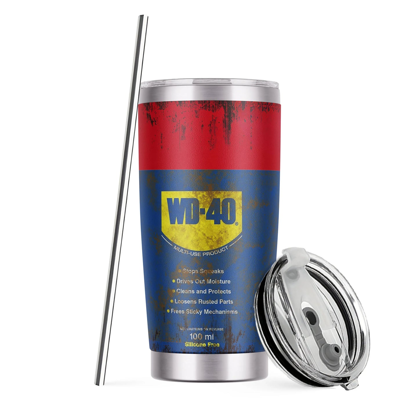 WD-40 Themed Stainless Steel Tumbler, 20 oz, with Straw and Lid, Distressed Design