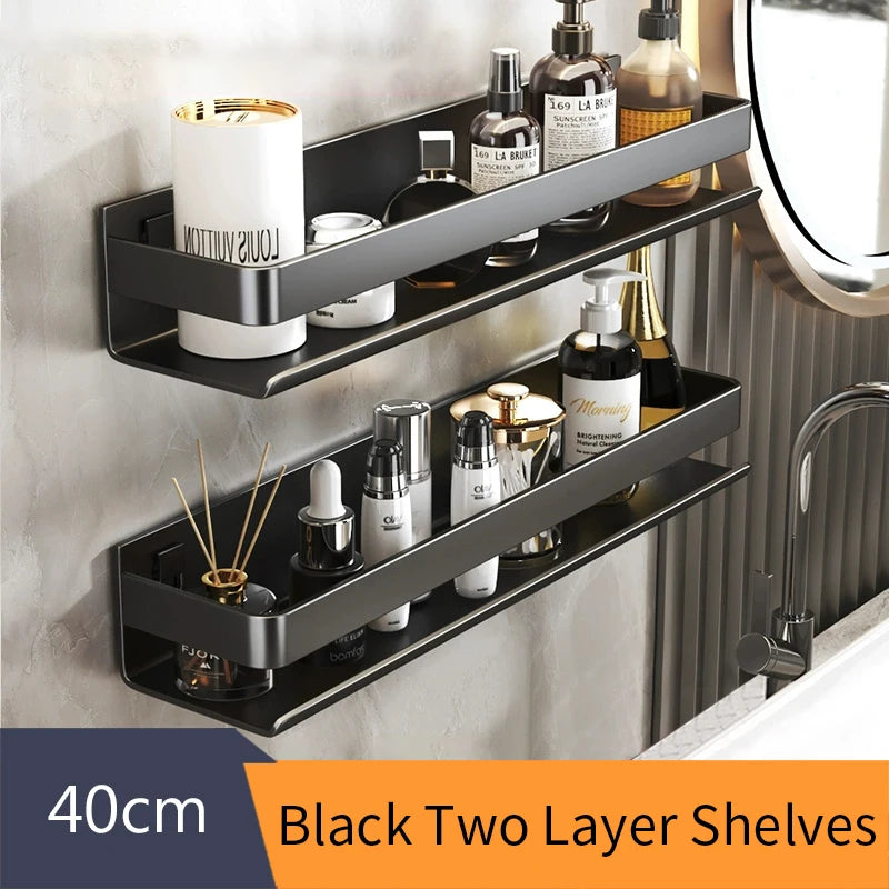Black Bathroom Shelf White Rectangle Makeup Organizer Mental Corner Shelf Shampoo Storage Shelf Shower Wall Rack