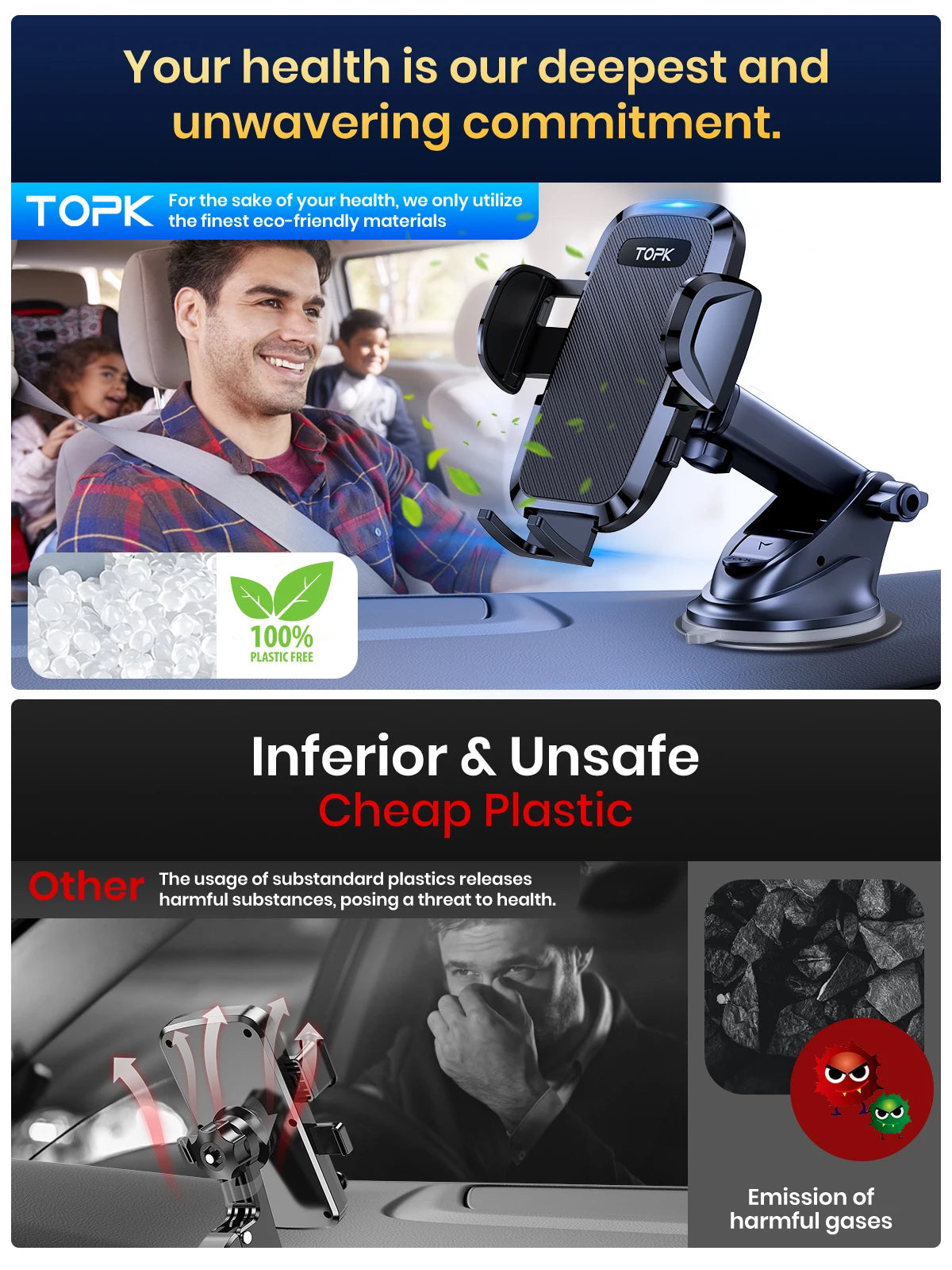 TOPK Car Phone Holder 4 in 1 Super Stable Car Phone Mount for Car Dashboard/Windscreen/Air Vent Compatible with All Mobile Phone