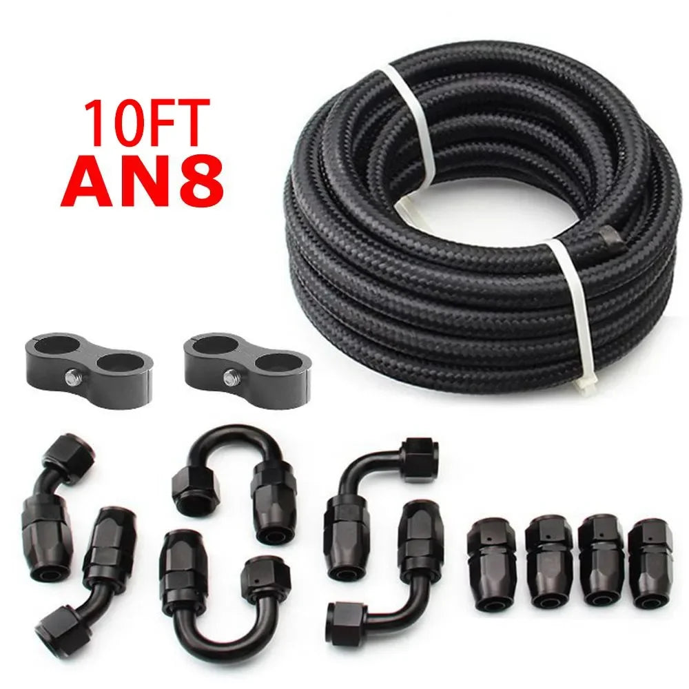 10FT AN6/AN8/AN10 Oil Fuel Fittings Hose End 0+45+90+180 Degree Oil Adaptor Kit Braided Oil Fuel Hose Line 3M Black With Clamps