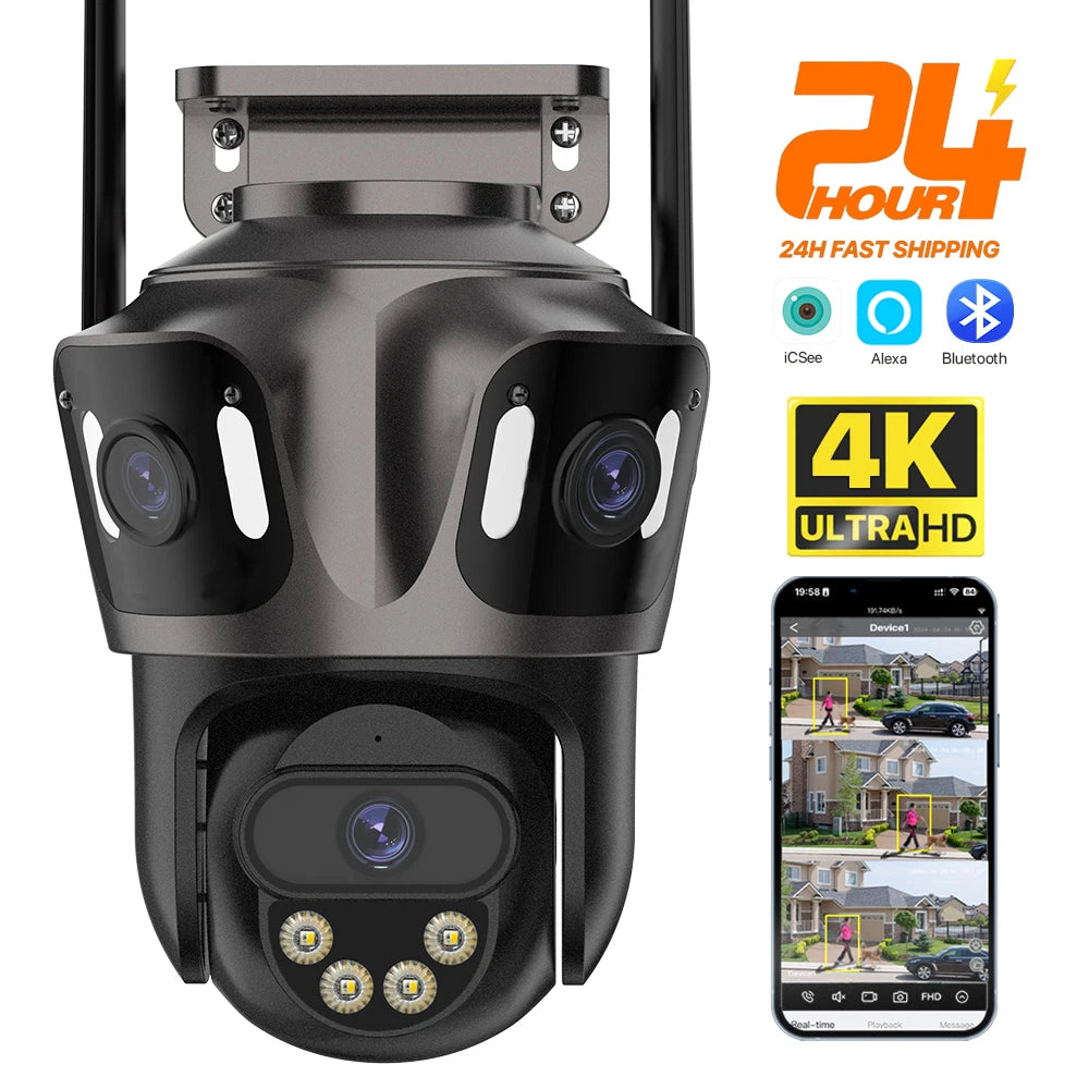 Security Camera Three Screen WIFI IP Camera Outdoor 4K Dual Lens PTZ Camera Ai Human Detection IP66 Waterproof CCTV