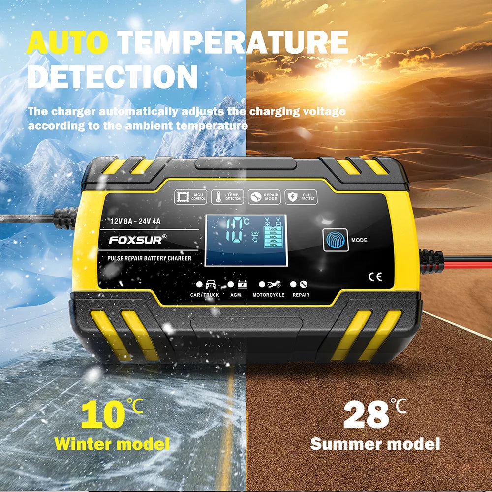 12V 8A/24V 4A Car Battery Charger Automatic Start Fast Charger Use For Car Motorcycle Truck AGM Deepcycle GEL Lead-Acid Battery
