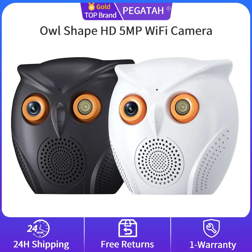 PEGATAH Owl Shape HD 5MP WiFi Camera Indoor Security Protection Cam CCTV Color Night Vision Monitor Two Way Audio Cam ICSEE APP