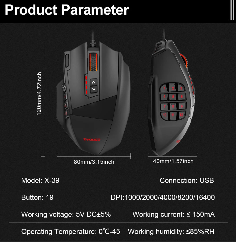 Mouse E-YOOSO X-39 USB Wired RGB Gaming Mouse 16400 DPI PAW3327 19 Buttons Programmable Game Optical Mice for Computer PC Laptop
