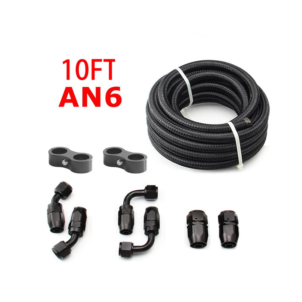 10FT AN6/AN8/AN10 Oil Fuel Fittings Hose End 0+45+90+180 Degree Oil Adaptor Kit Braided Oil Fuel Hose Line 3M Black With Clamps