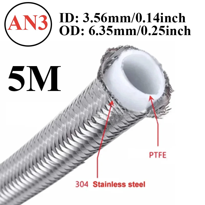 5 Meters AN3 AN4 AN6 AN8 AN10 AN12 Universal Racing Hose 304 Stainless Steel Braided PTFE Brake Hose Fuel Oil Line Cooler Pipe