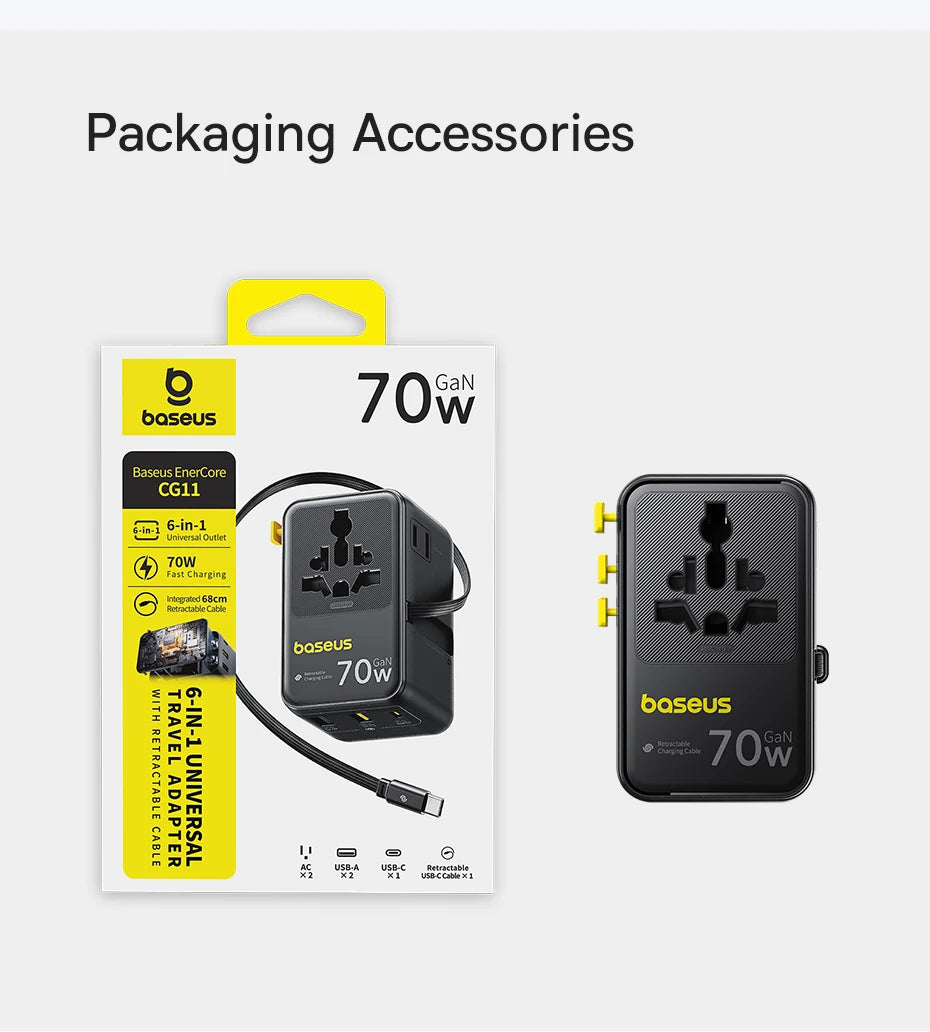 Baseus GaN Charger Universal Travel Adapter Built in 70W Retractable Cable 2AC 2 USB-A Type-C Fast Charging EU/UK/USA/AUS