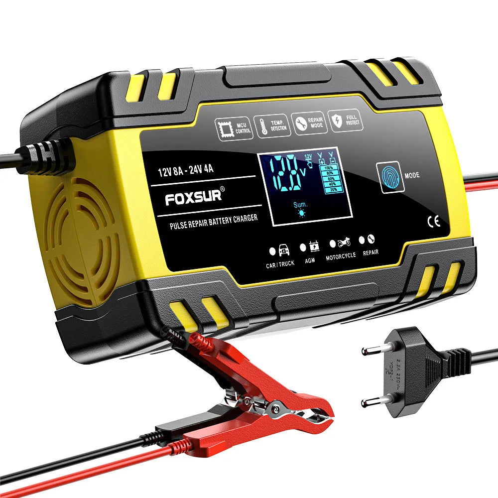 12V 8A/24V 4A Car Battery Charger Automatic Start Fast Charger Use For Car Motorcycle Truck AGM Deepcycle GEL Lead-Acid Battery