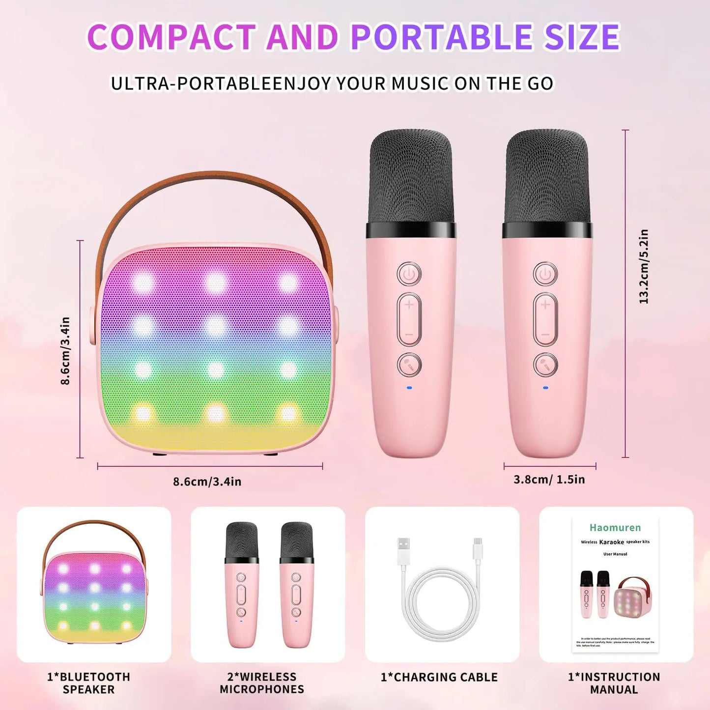 Mini Karaoke Machine Portable Bluetooth 5.3 PA Speaker with 2 Wireless Microphones for Home Family Singing Gift K12