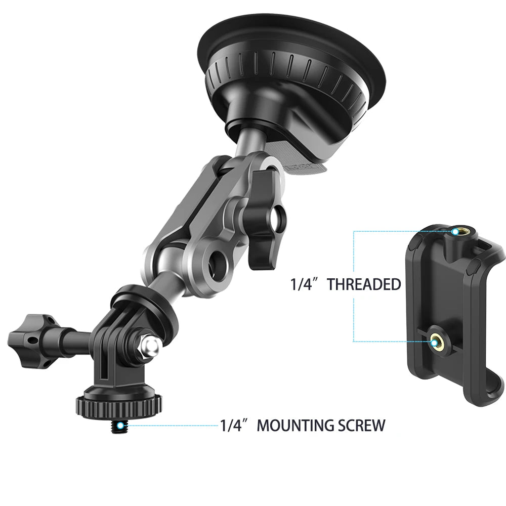 Dash Cam Suction Cup Mount Camera Holder Stand with Phone Bracket for GPS Driving DVR Action Camcorder Video Record POV/VLOG