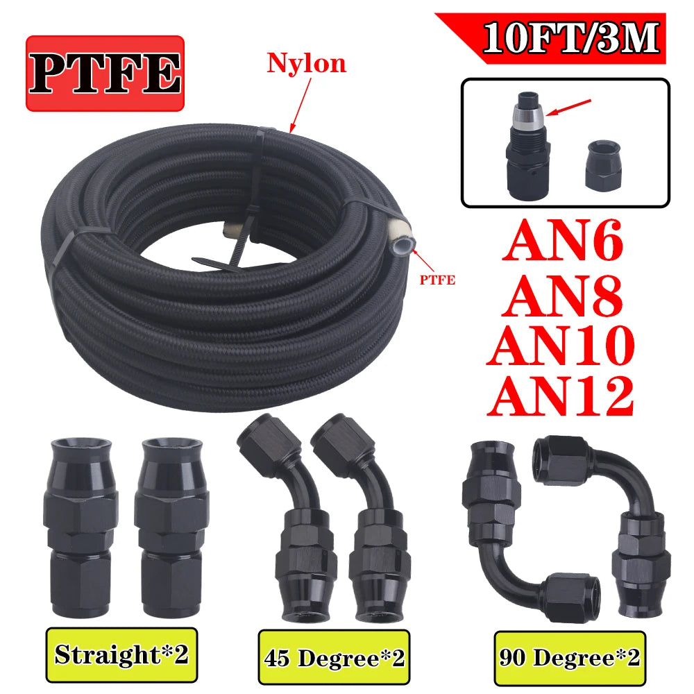 AN4 AN6 AN8 AN10 3m/10ft E85 Tube Nylon Stainless Steel Braided PTFE Black Fuel Line Fitting Kit with 6 pcs Swivel Hose Ends