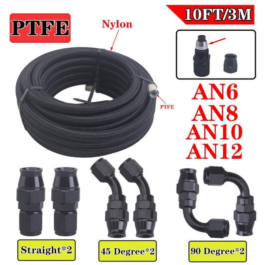 AN4 AN6 AN8 AN10 3m/10ft E85 Tube Nylon Stainless Steel Braided PTFE Black Fuel Line Fitting Kit with 6 pcs Swivel Hose Ends