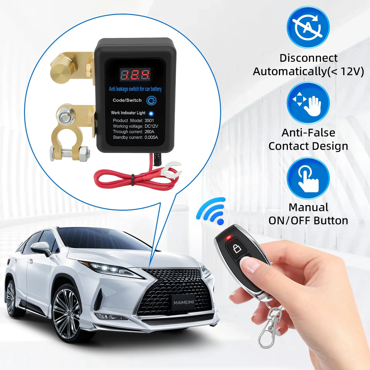DC 12V Battery Disconnect Switch with LED Car Automatic Power Shut Off Switch 260A Battery Kill Switch Remote Battery Disconnect