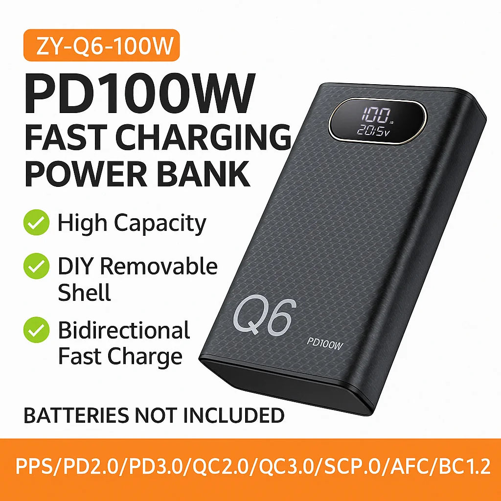 PD100W Fast Charging Power Bank DIY Kit 20V 5A 6x 21700 Battery Pack Portable No Soldering Easy Assemble