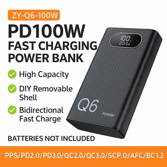 PD100W Fast Charging Power Bank DIY Kit 20V 5A 6x 21700 Battery Pack Portable No Soldering Easy Assemble