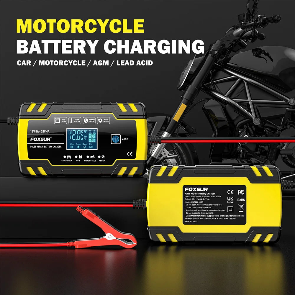 12V 8A/24V 4A Car Battery Charger Automatic Start Fast Charger Use For Car Motorcycle Truck AGM Deepcycle GEL Lead-Acid Battery