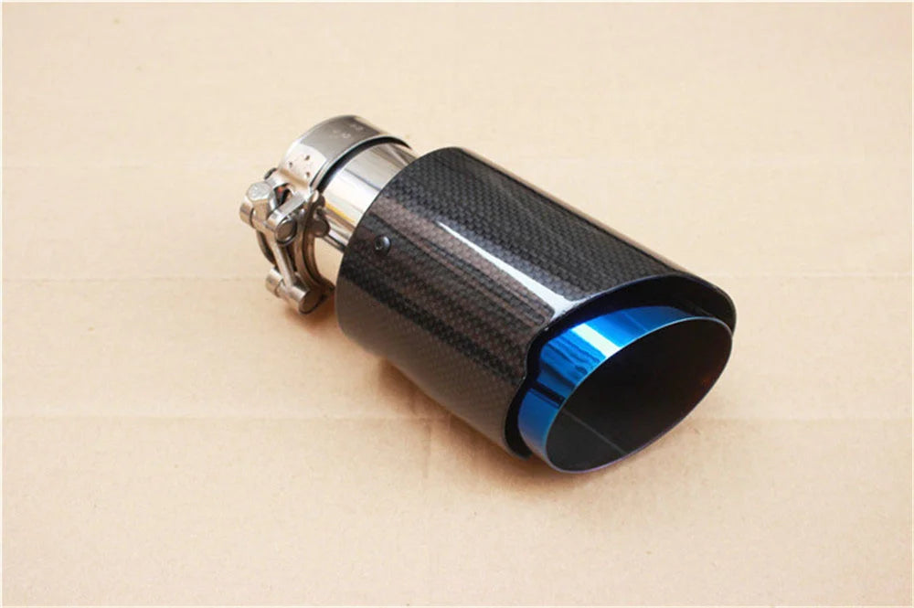 QT Glossy Carbon Fibre Exhaust Tip Universal Straight Stainless Blue
