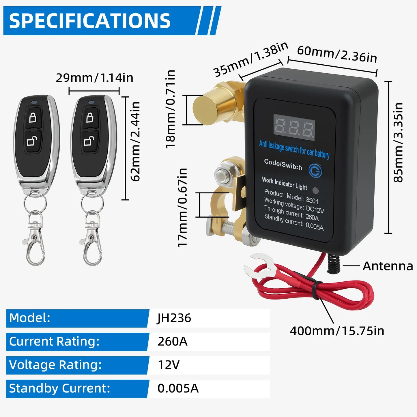DC 12V Battery Disconnect Switch with LED Car Automatic Power Shut Off Switch 260A Battery Kill Switch Remote Battery Disconnect
