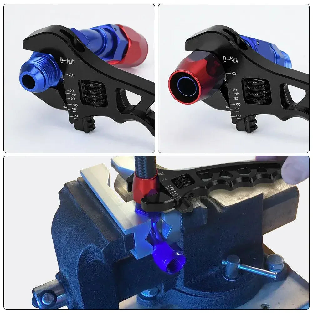 Billet Aluminum Adjustable Spanner Wrench + Vise Jaw Insert for Hose End Fitting Black Blue