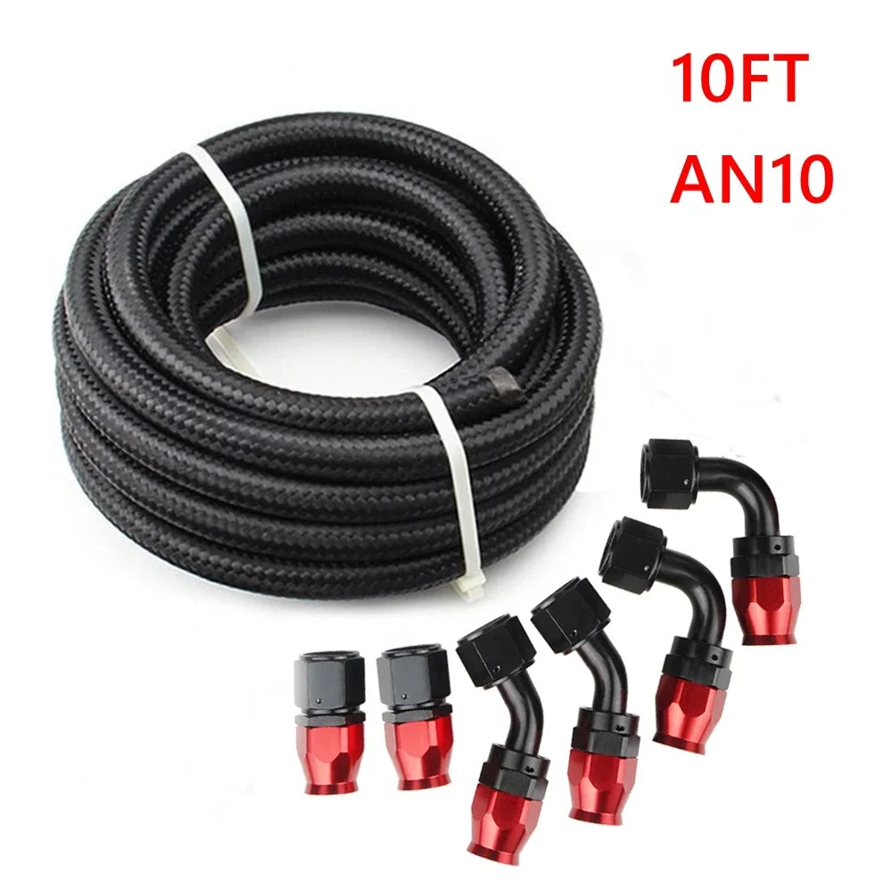 10FT AN6/AN8/AN10 Oil Fuel Fittings Hose End 0+45+90+180 Degree Oil Adaptor Kit Braided Oil Fuel Hose Line 3M Black With Clamps