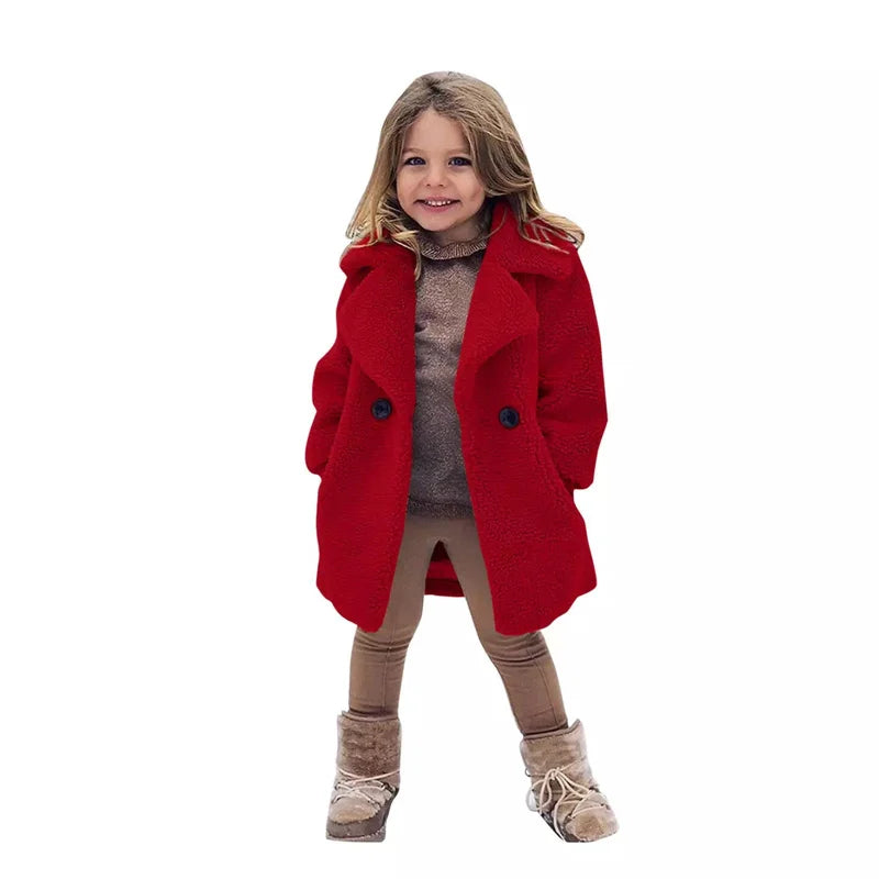 Girls Winter Warm Jackets Faux Fur Coats Kids Turndown Collar Outerwear Children Solid Colour Overcoat Casual Outer Clothing