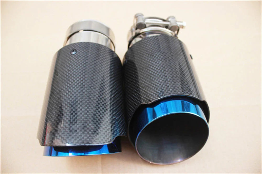 QT Glossy Carbon Fibre Exhaust Tip Universal Straight Stainless Blue