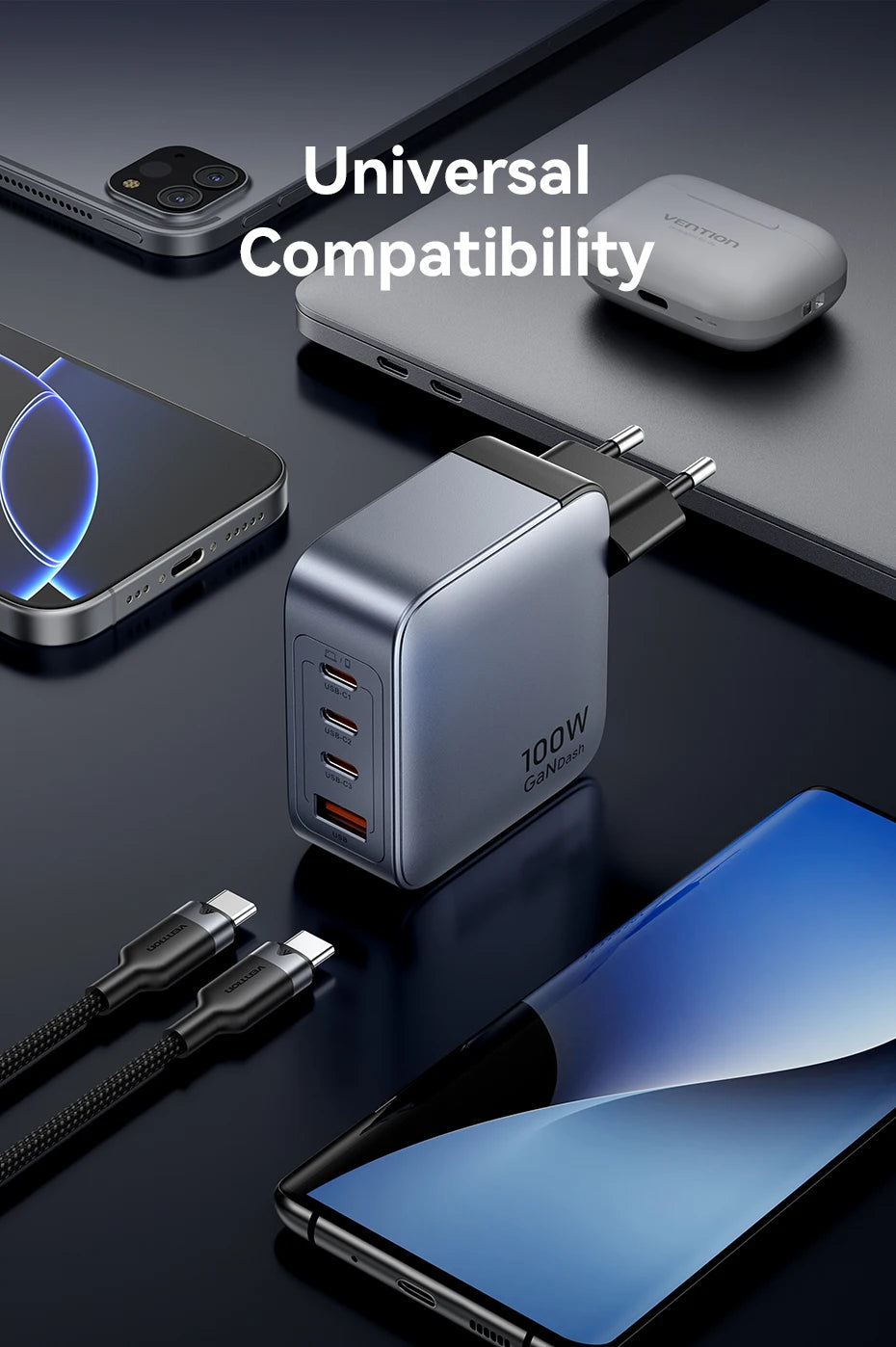 Vention 100W GaN Charger 4 Ports USB C Charger Quick Charge For Macbook Laptop Tablet PD Fast Charger For iPhone 16 15 14 Pro