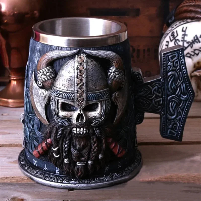 Medieval Viking Retro 3D Sword Skull Beer Mug With Stainless Steel Insert Resin Big Capacity Coffee Cups Men's Halloween Gift