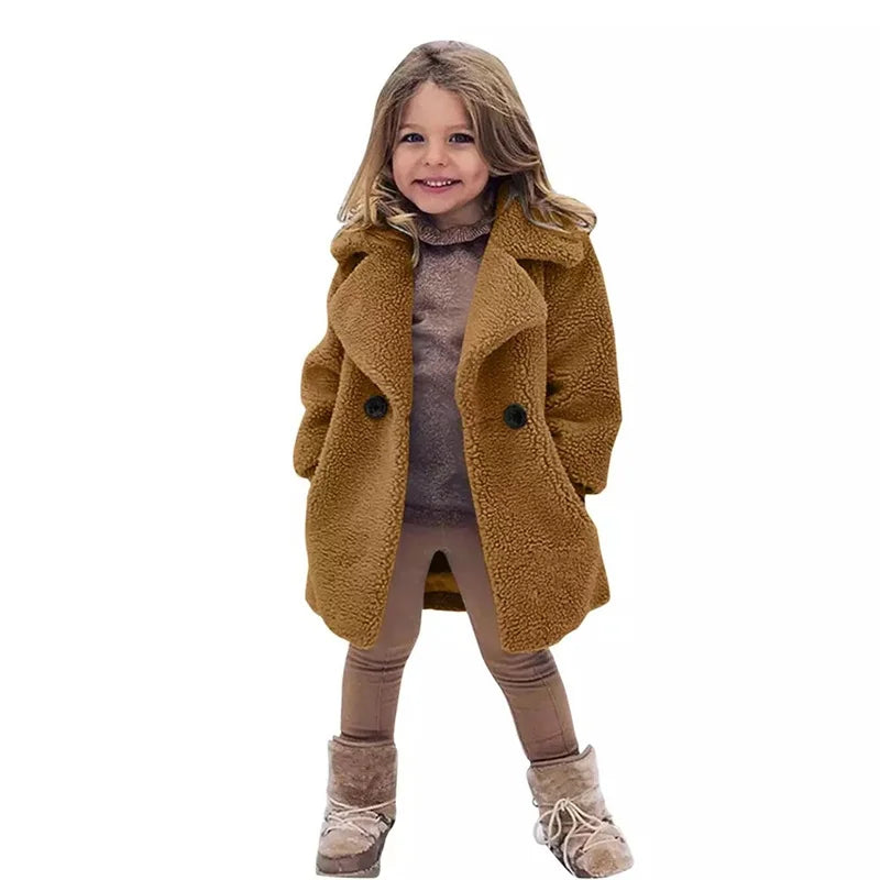 Girls Winter Warm Jackets Faux Fur Coats Kids Turndown Collar Outerwear Children Solid Colour Overcoat Casual Outer Clothing