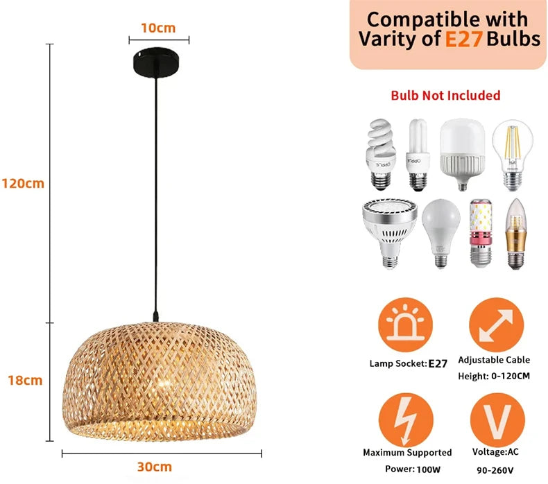 Bamboo Lantern 30cm Pendant Lamp Natural Rattan Wicker E27 LED Chandeliers