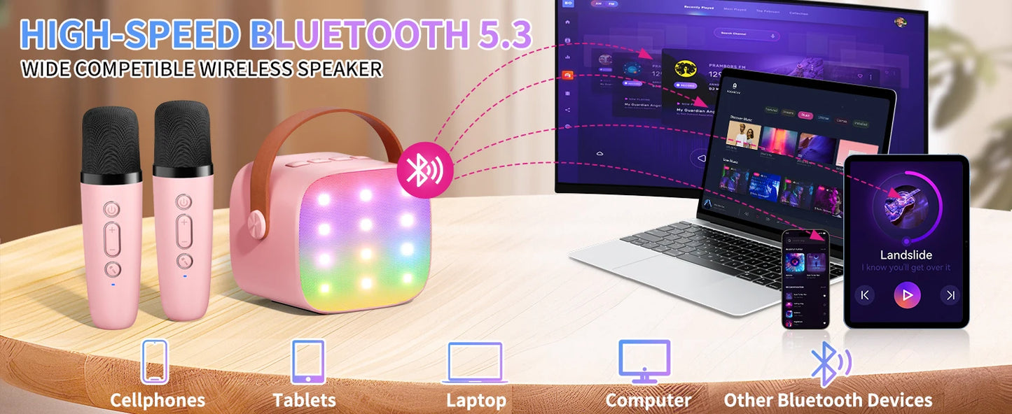 Mini Karaoke Machine Portable Bluetooth 5.3 PA Speaker with 2 Wireless Microphones for Home Family Singing Gift K12