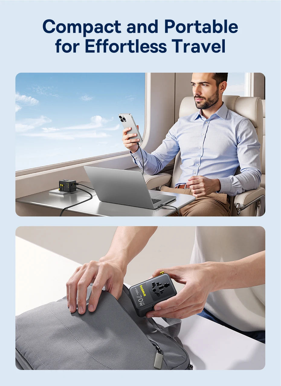 Baseus GaN Charger Universal Travel Adapter Built in 70W Retractable Cable 2AC 2 USB-A Type-C Fast Charging EU/UK/USA/AUS