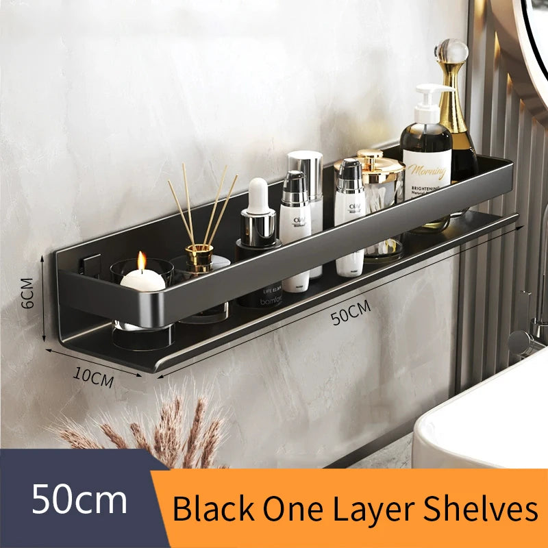 Black Bathroom Shelf White Rectangle Makeup Organizer Mental Corner Shelf Shampoo Storage Shelf Shower Wall Rack