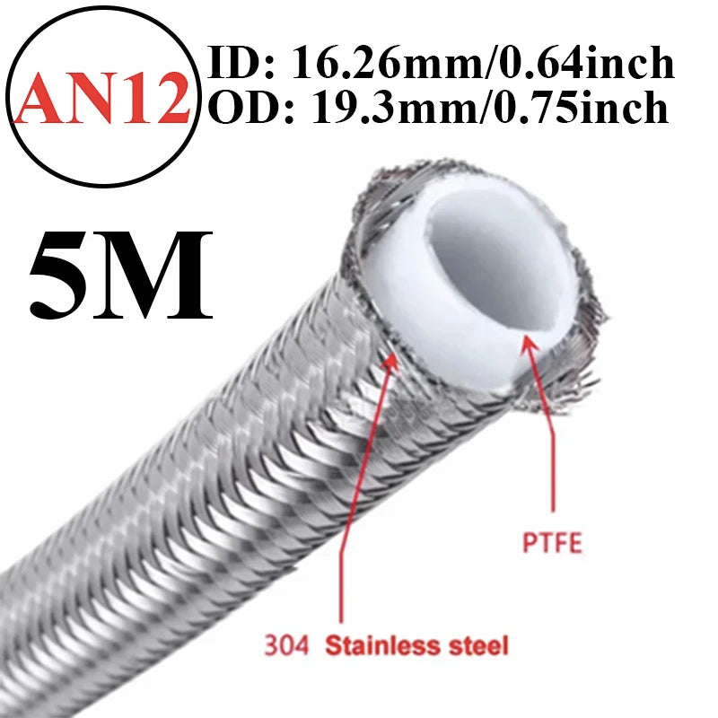 5 Meters AN3 AN4 AN6 AN8 AN10 AN12 Universal Racing Hose 304 Stainless Steel Braided PTFE Brake Hose Fuel Oil Line Cooler Pipe