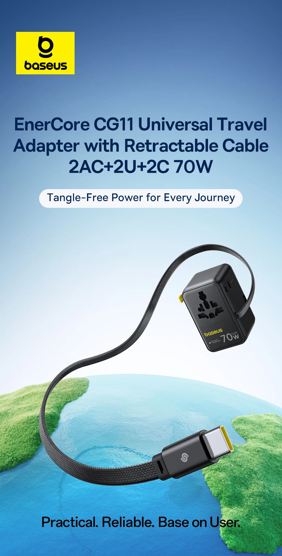 Baseus GaN Charger Universal Travel Adapter Built in 70W Retractable Cable 2AC 2 USB-A Type-C Fast Charging EU/UK/USA/AUS