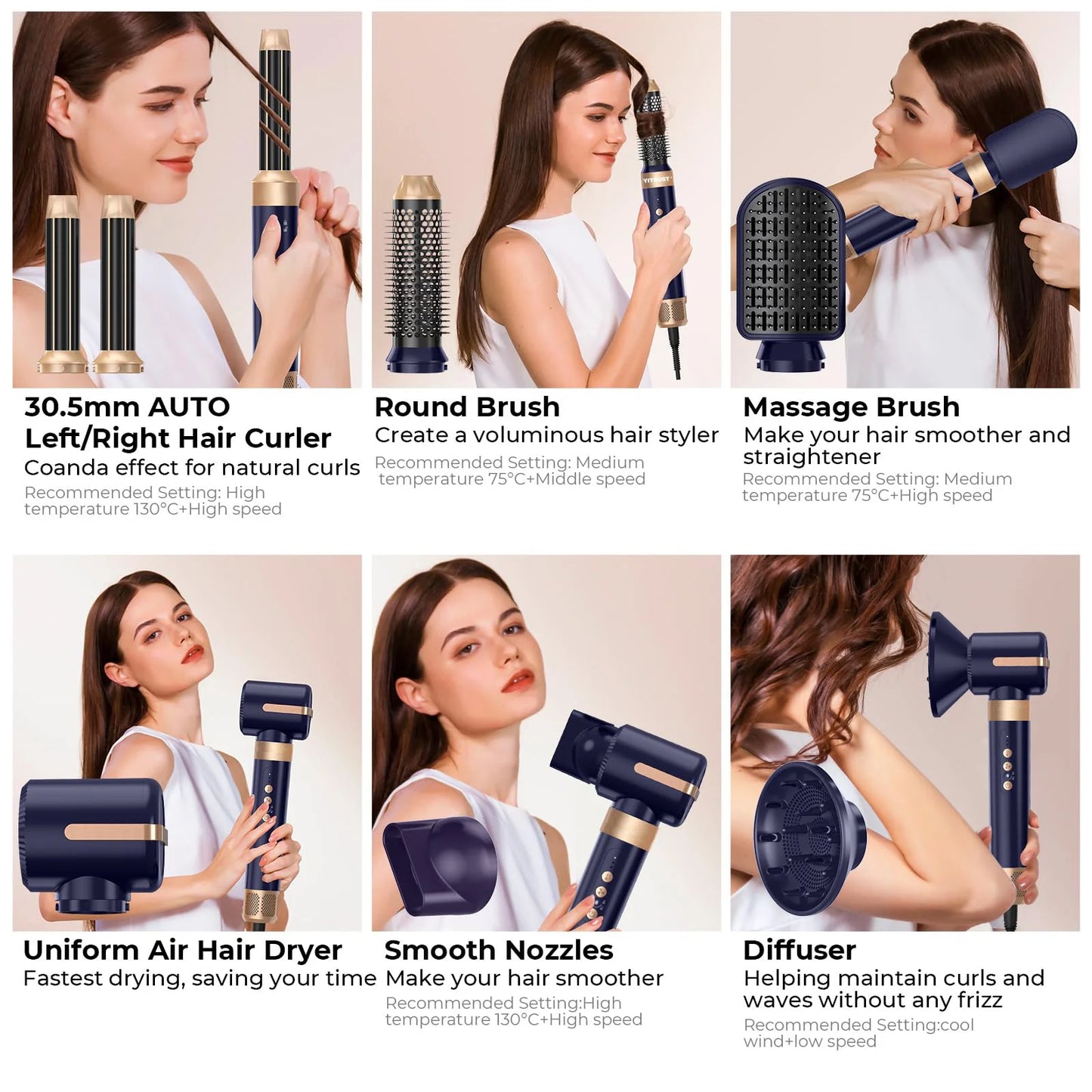 7 In 1 Hair Dryer Brush Brushless High Speed Hair Dryer with Diffuser Ionic Blow Dryer Hot Air Styling Comb Auto Hair Curler