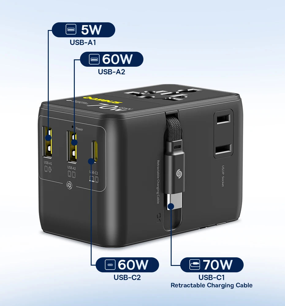Baseus GaN Charger Universal Travel Adapter Built in 70W Retractable Cable 2AC 2 USB-A Type-C Fast Charging EU/UK/USA/AUS