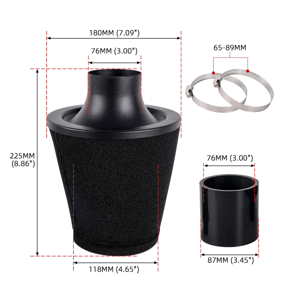 MUGE-3"76mm Universal High Flow Inlet Foam Air Filter Cleaner Cold Air Intake Cone