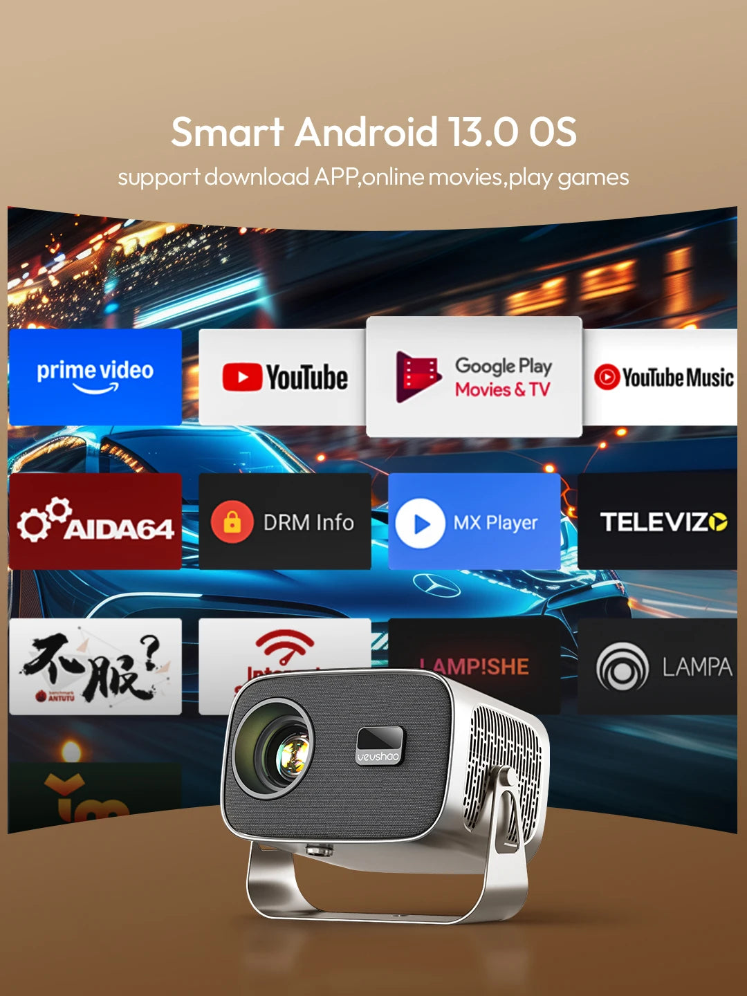 VEVSHAO A12 Projector Mini Portable LED Video Android 13.0 WIFI 6