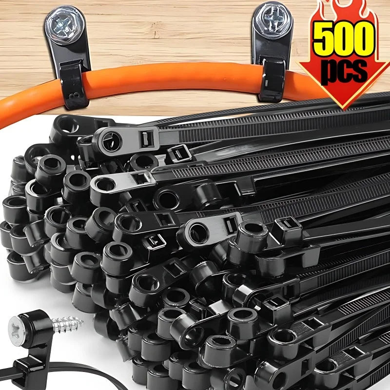 500/100PCS Screw Hole Cable Ties Reusable Fixed Nylon Cable Ties Self-locking Cord Ties Straps