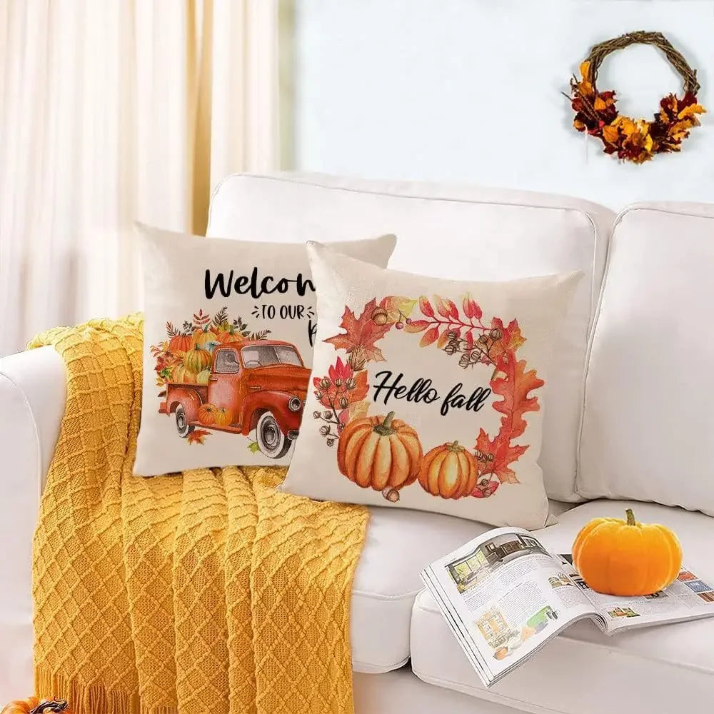 18*18inch Thanksgiving Decorative Cushion Cover ,Linen Pumkin Maple Leaf Autumn Pillow Covers ,Cushion Covers for Sofa Chair