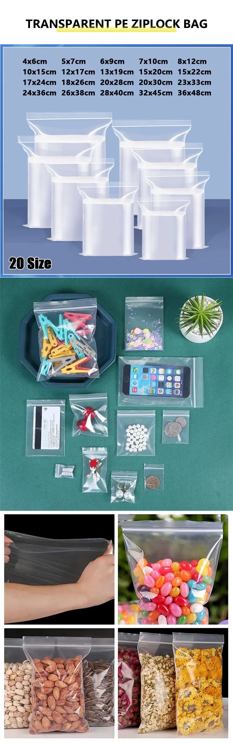 100Pcs Thicken Zipper Sealed Bags Clear Plastic Storage Zipper Bags